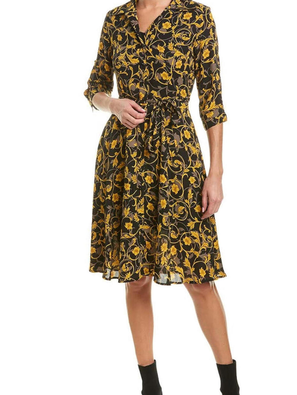 Nanette Lepore Black & Yellow Floral Print Knee Length Belted Dress Size 14 NWT